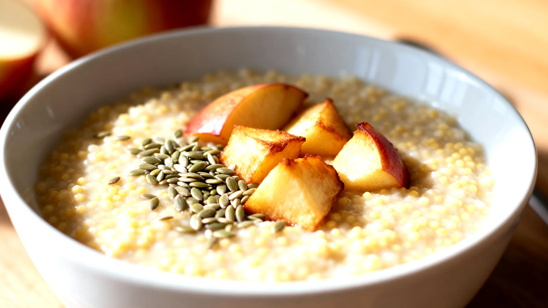 Porridge di miglio con semi di canapa e mela cotta"