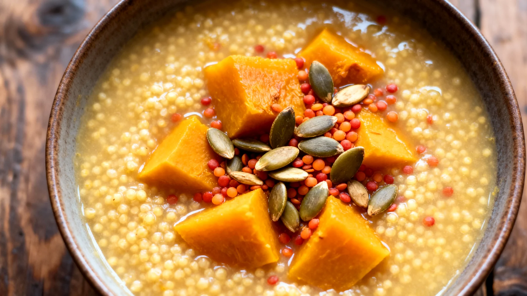 Zuppa di miglio con zucca, lenticchie rosse e semi di zucca"